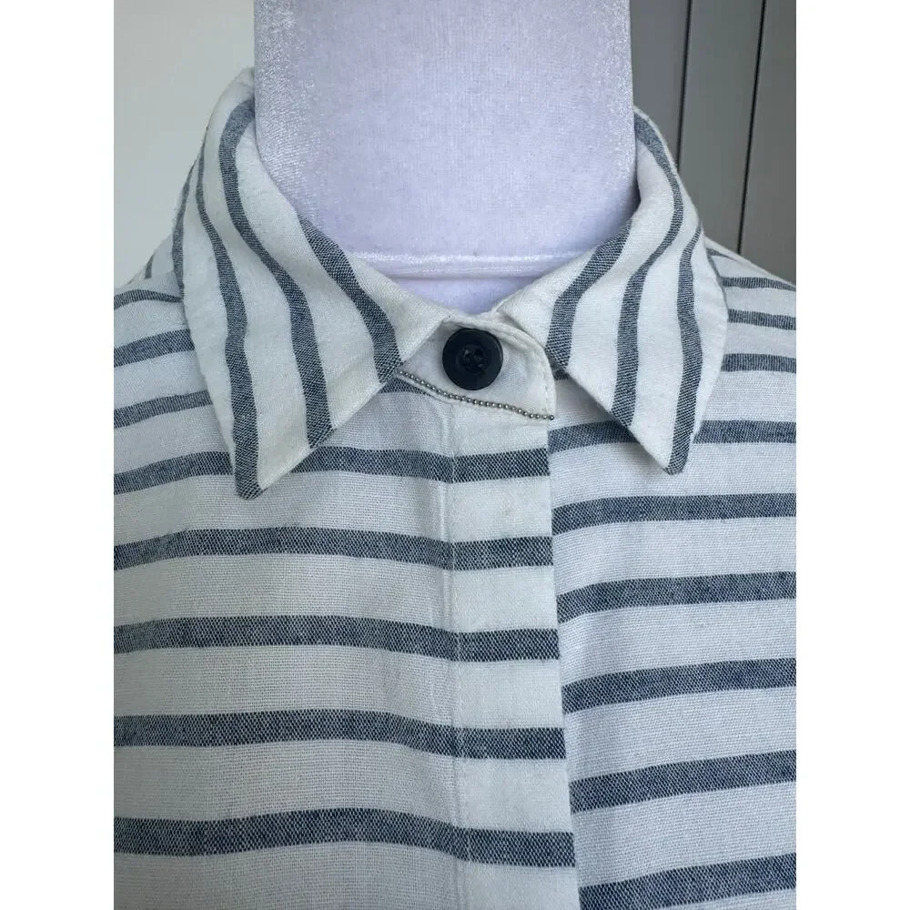 Lafayette 148 New York Button Down White Blue Stripe Tunic Small S Cotton Linen - Picture 5 of 10